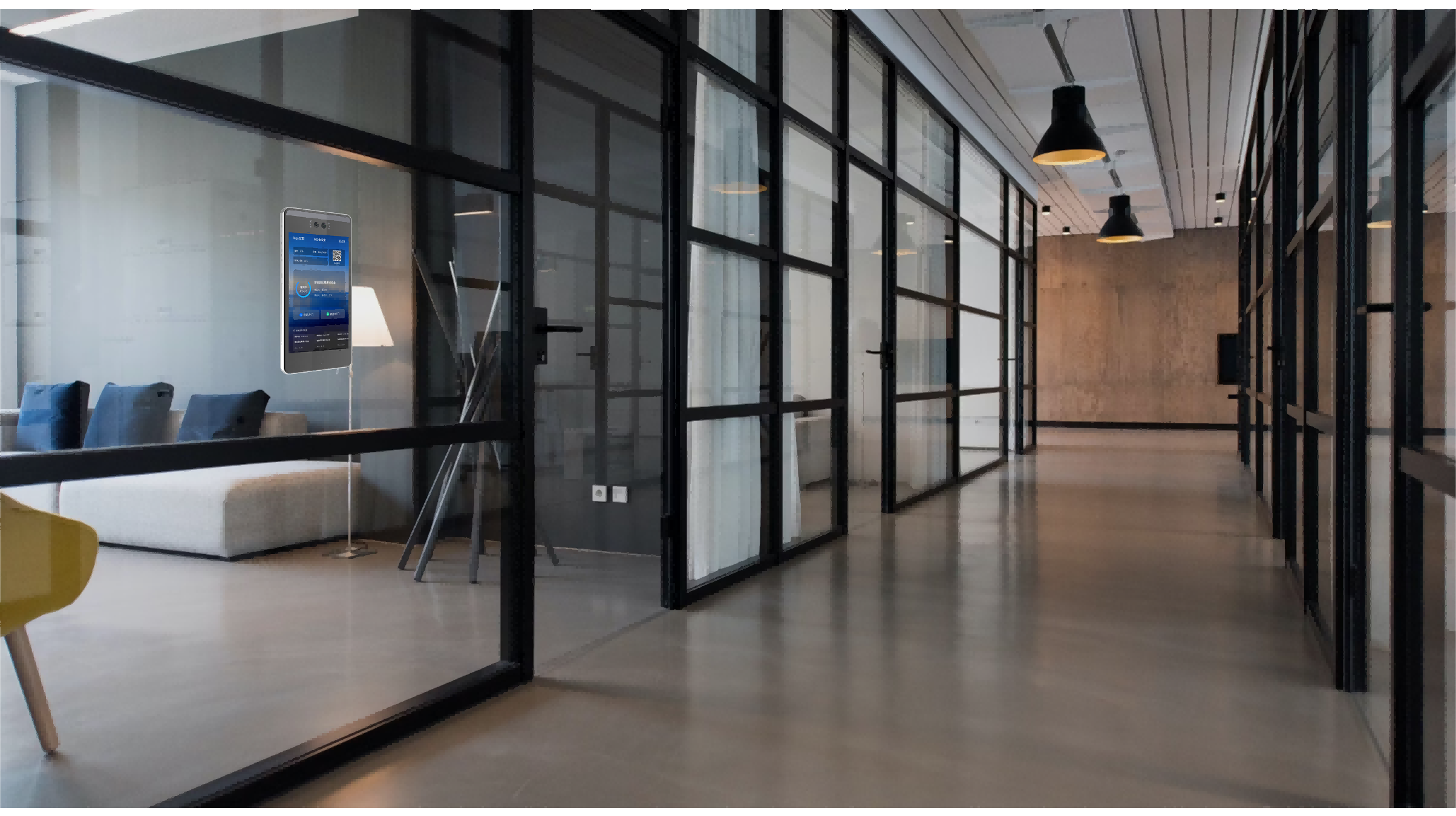 智慧会议室 办公走廊场景 艾特谷鑫科技 智能门禁终端 智慧办公空间;描述：艾特谷鑫科技智慧会议室所在的办公走廊，，配备智能门禁终端，，构建连贯的智慧办公空间。。